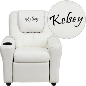 Personalized White Vinyl Kids Recliner with Cup Holder and Headrest - by Flash Furniture