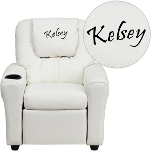 Personalized White Vinyl Kids Recliner with Cup Holder and Headrest - by Flash Furniture