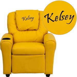 Personalized Yellow Vinyl Kids Recliner with Cup Holder and Headrest - by Flash Furniture