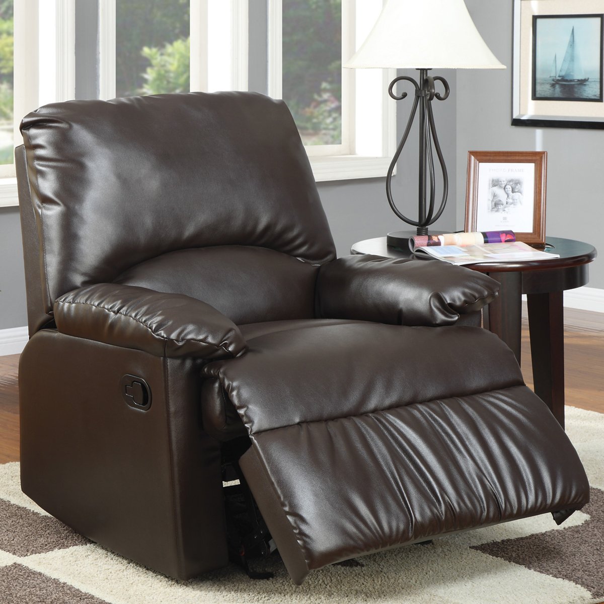 Recliner with Brown Leatherlike Vinyl Upholstery With Glider by