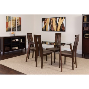 Ridgecrest 5 Piece Espresso Wood Dining Table Set with Glass Top and Clean Line Wood Dining Chairs - Padded Seats by Flash Furniture