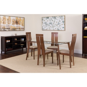 Ridgecrest 5 Piece Walnut Wood Dining Table Set with Glass Top and Clean Line Wood Dining Chairs - Padded Seats by Flash Furniture