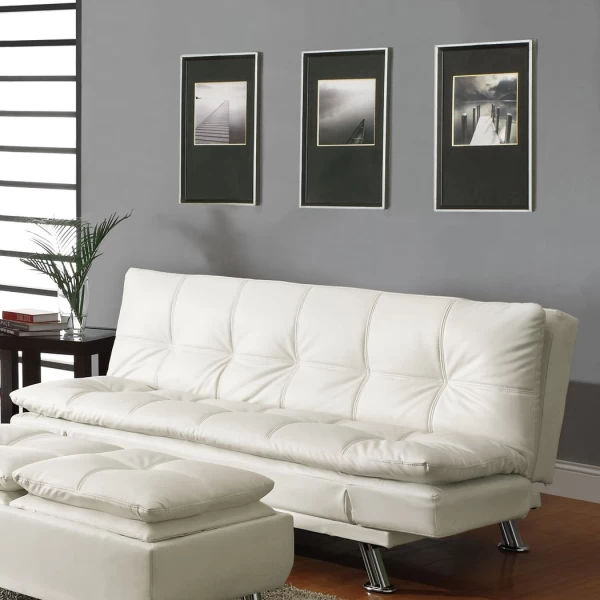 Sofa Bed With White Leather Like Vinyl