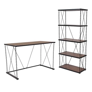 Vernon Hills Collection Antique Wood Grain Finish Computer Desk and Four Shelf Bookshelf with Chain Accent Metal Frame by Flash Furniture