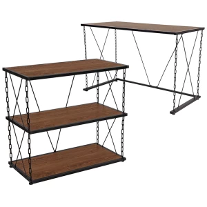Vernon Hills Collection Antique Wood Grain Finish Computer Desk and Two Shelf Bookshelf with Chain Accent Metal Frame by Flash Furniture
